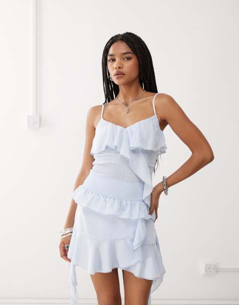 Amy Lynn asymmetric shirred ruffle cami top in baby blue - part of a set - view 1
