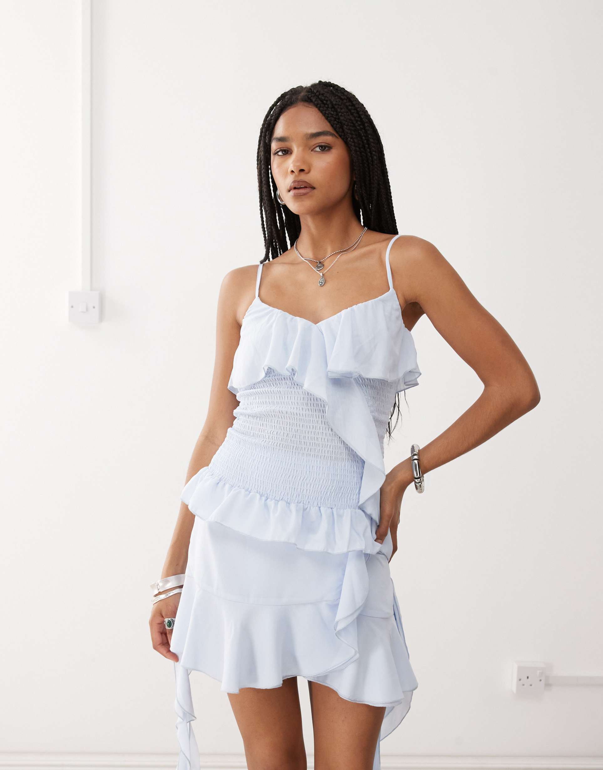 amy lynn asymmetric shirred ruffle cami top in baby blue - part of a set