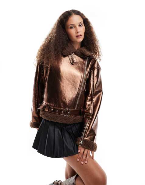 Amy Lynn aviator jacket in metallic coffee brown - view 1