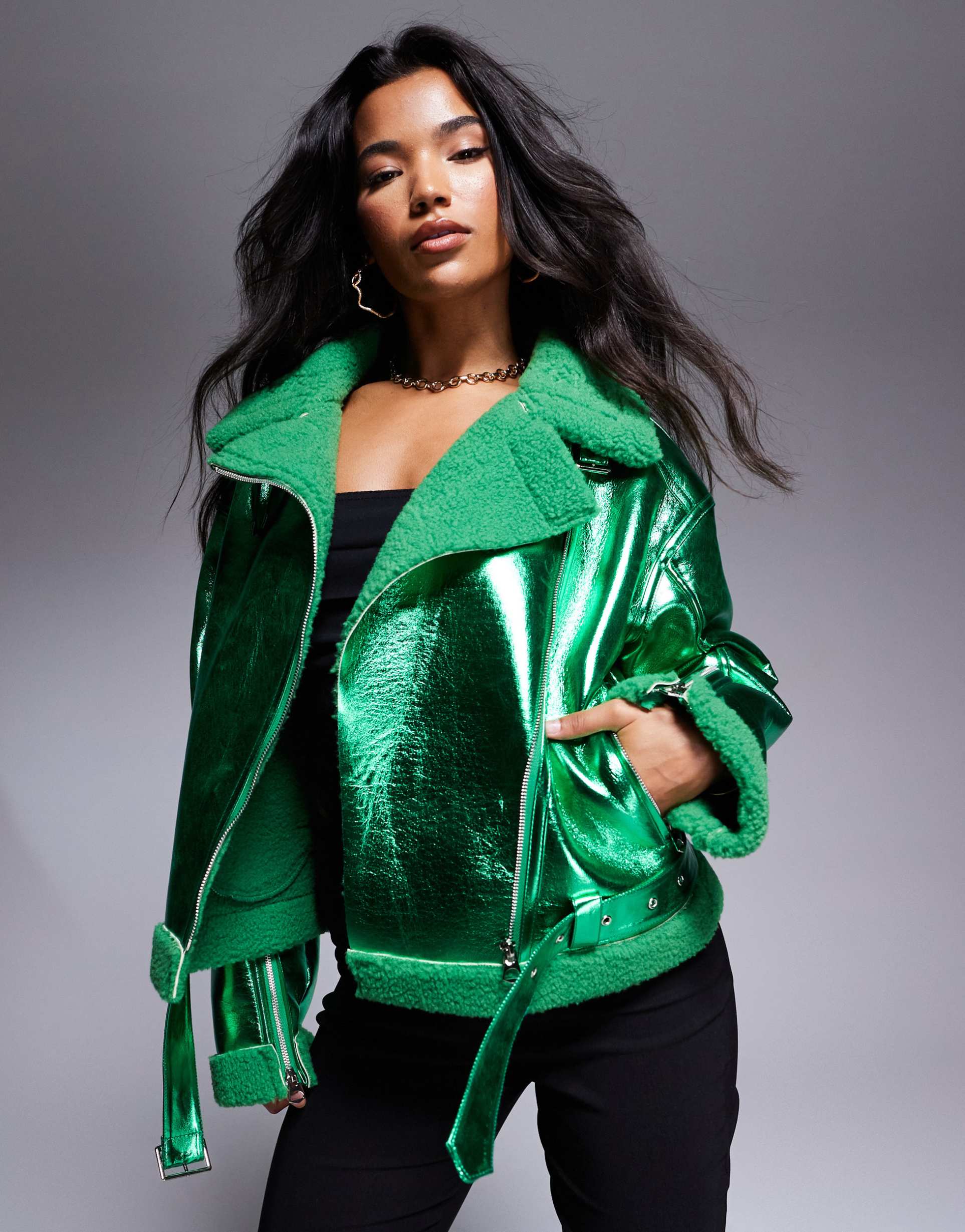 amy lynn aviator jacket in metallic emerald green
