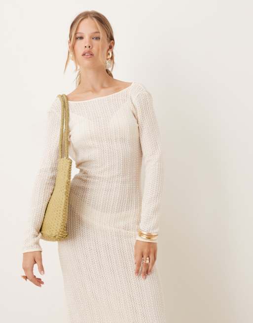 Amy Lynn backless crochet midi dress with fringe trim in cream, 2 of 4