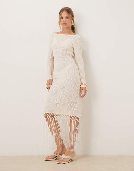 Amy Lynn backless crochet midi dress with fringe trim in cream, 3 of 4