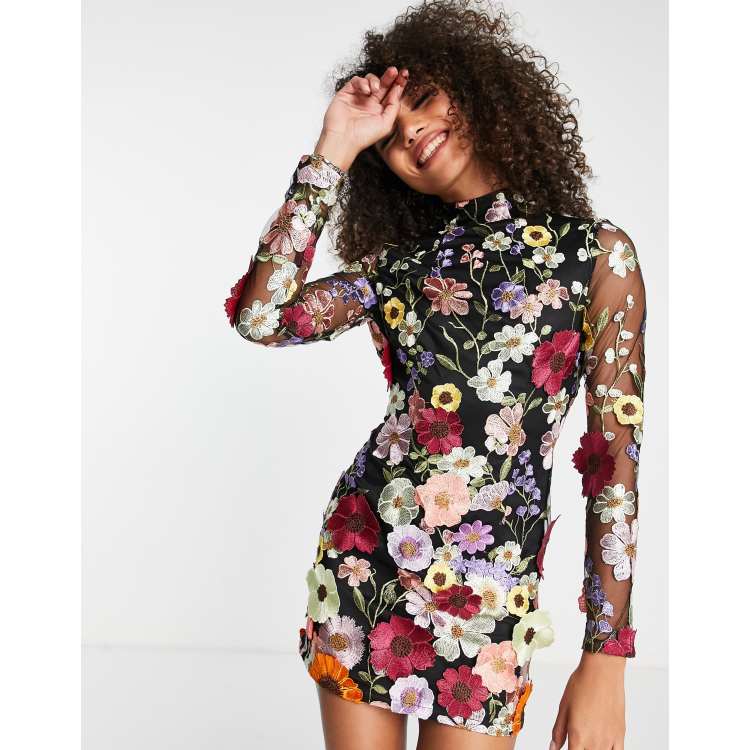 Embroidered black clearance dress with flowers