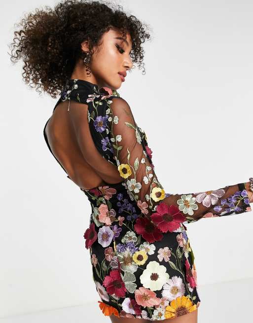 Amy Lynn backless mini dress in black based floral embroidery | ASOS