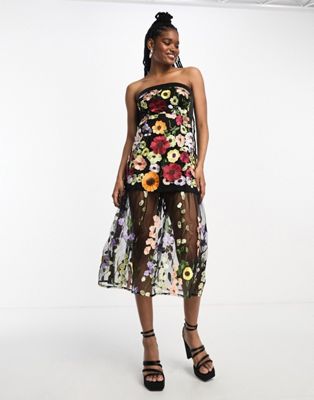 Amy Lynn Zion bandeau maxi dress in black based floral embroidery
