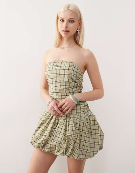 Amy Lynn bandeau puffball mini dress in light green check