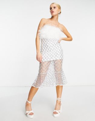 bardot faux fur midi dress with silver chain skirt-White