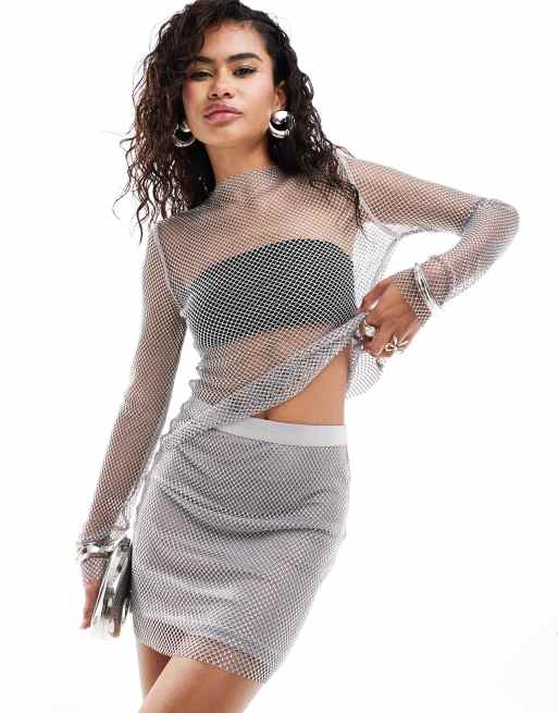 Amy Lynn Bethan rhinestone stretch fishnet mini skirt in