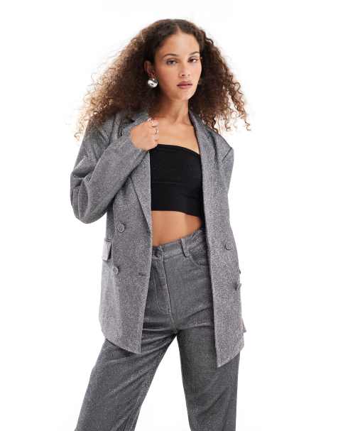 Amy Lynn - Blazer squadrato argento metallizzato in coordinato - view 1