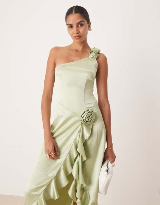 Amy Lynn - Æblegrøn midaxi-kjole med oneshoulder-snit, flæser og 3D-roser i satin, 3 af 4