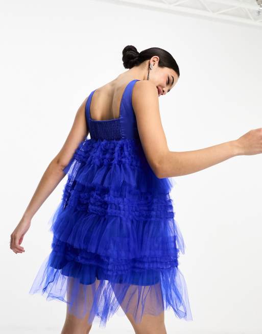 Amy Lynn - Bobby - Vestito corto blu cobalto in tulle a balze, 3 di 4