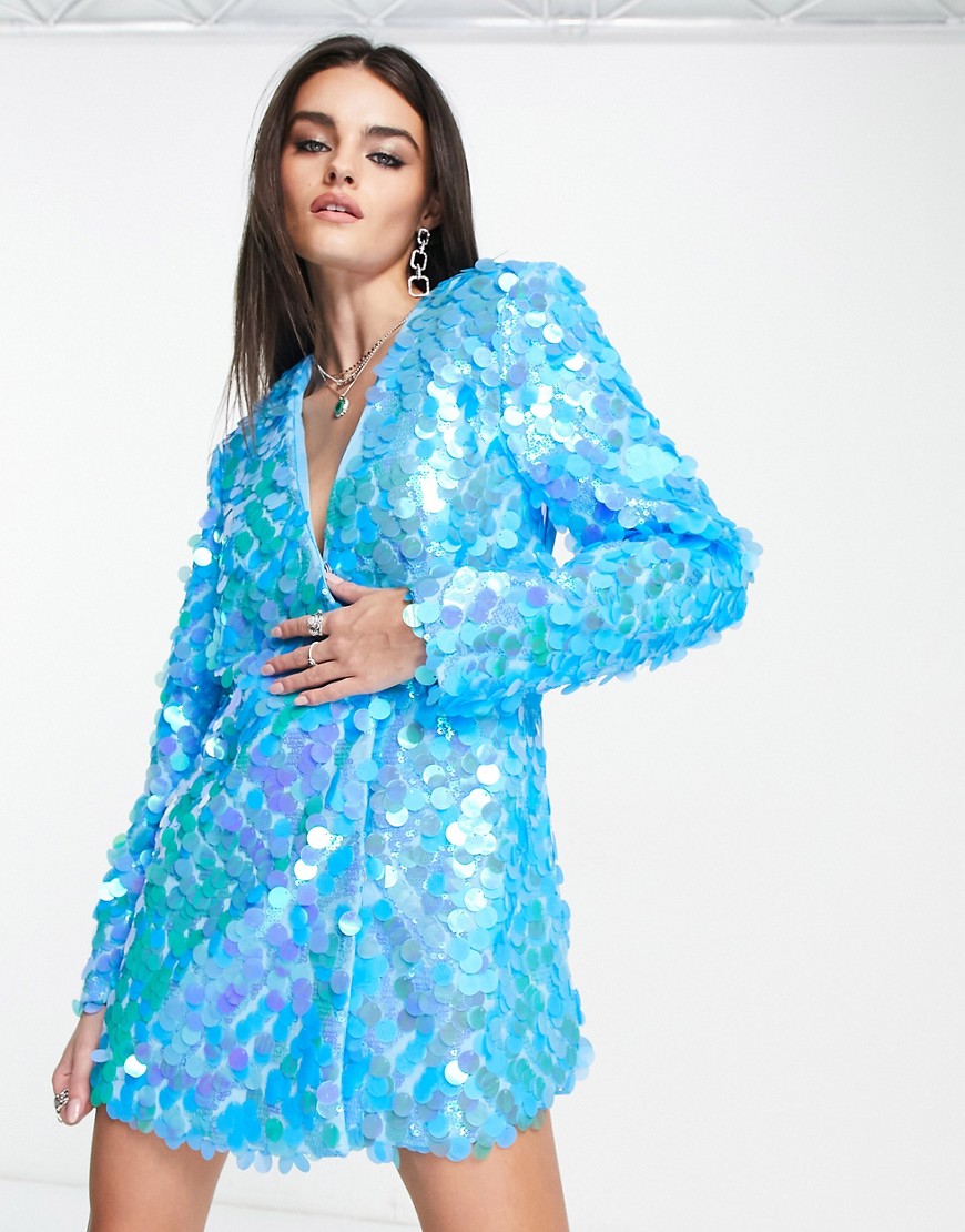 Amy Lynn Brooke embellished blazer dress in blue disc sequin