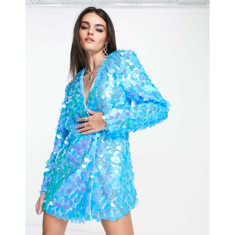 Amy Lynn Brooke Embellished Blazer Dress in Blue Disc Sequin