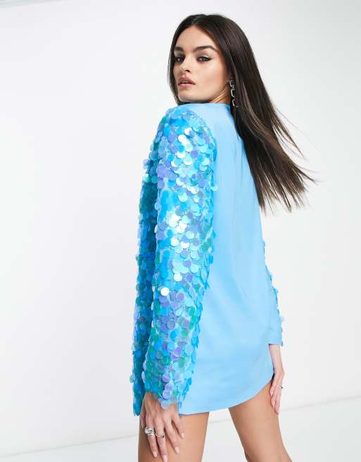 Amy Lynn Brooke Embellished Blazer Dress in Blue Disc Sequin