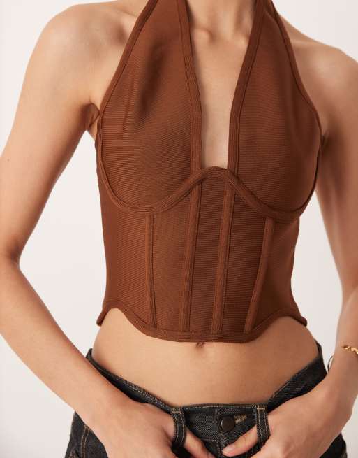 Amy Lynn – Brun topp i bandagestil med halterneck, 2 av 4