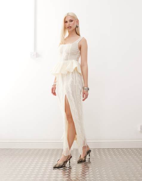 Amy Lynn Calla textured side split maxi skirt co-ord in ivory - view 1