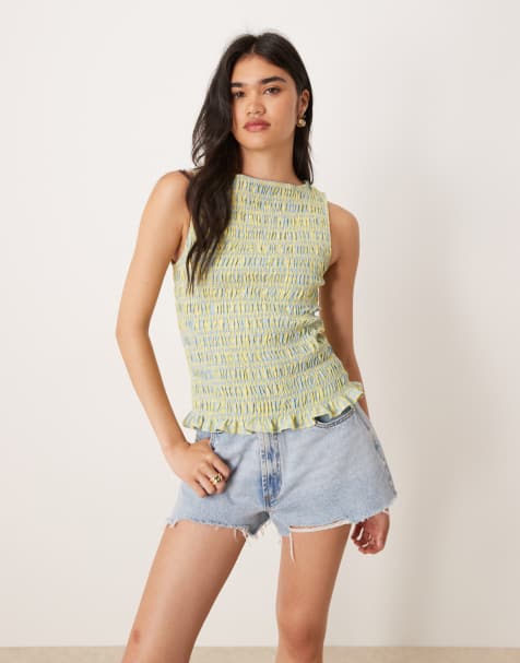 Amy Lynn - Cher - Gesmokte geruite top in geel en blauw - view 1