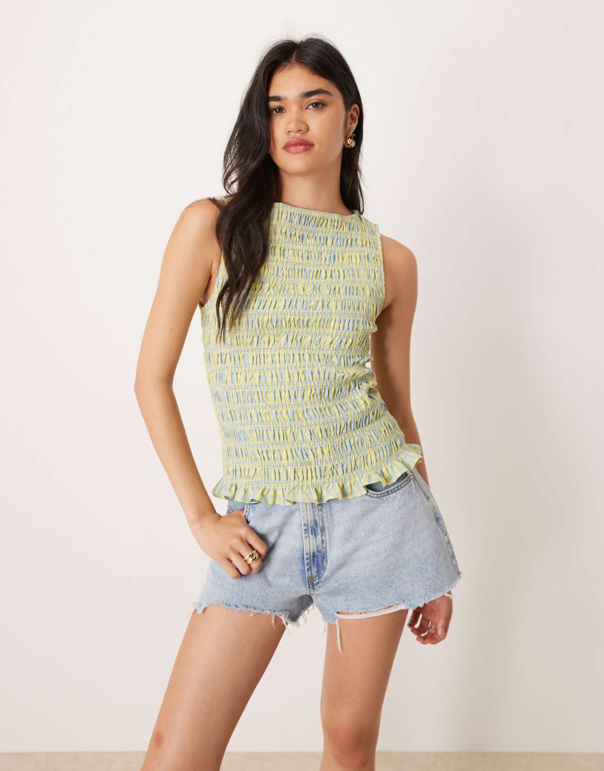 Amy Lynn Cher shirred top in yellow and blue check