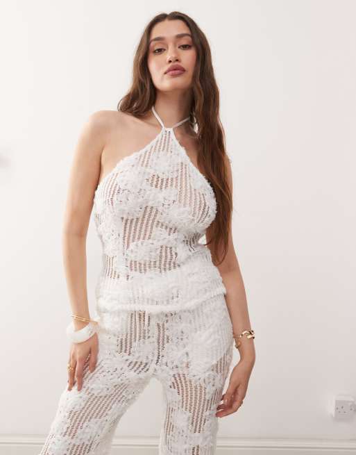 Amy Lynn Cici halter neck crochet top co-ord in white, 2 of 4