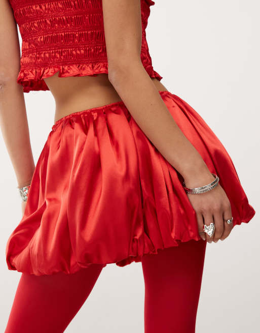 Amy Lynn Claudia ultra mini puffball skirt in satin in red