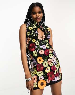 amy lynn cleo high neck sleeveless mini dress in black based floral embroidery