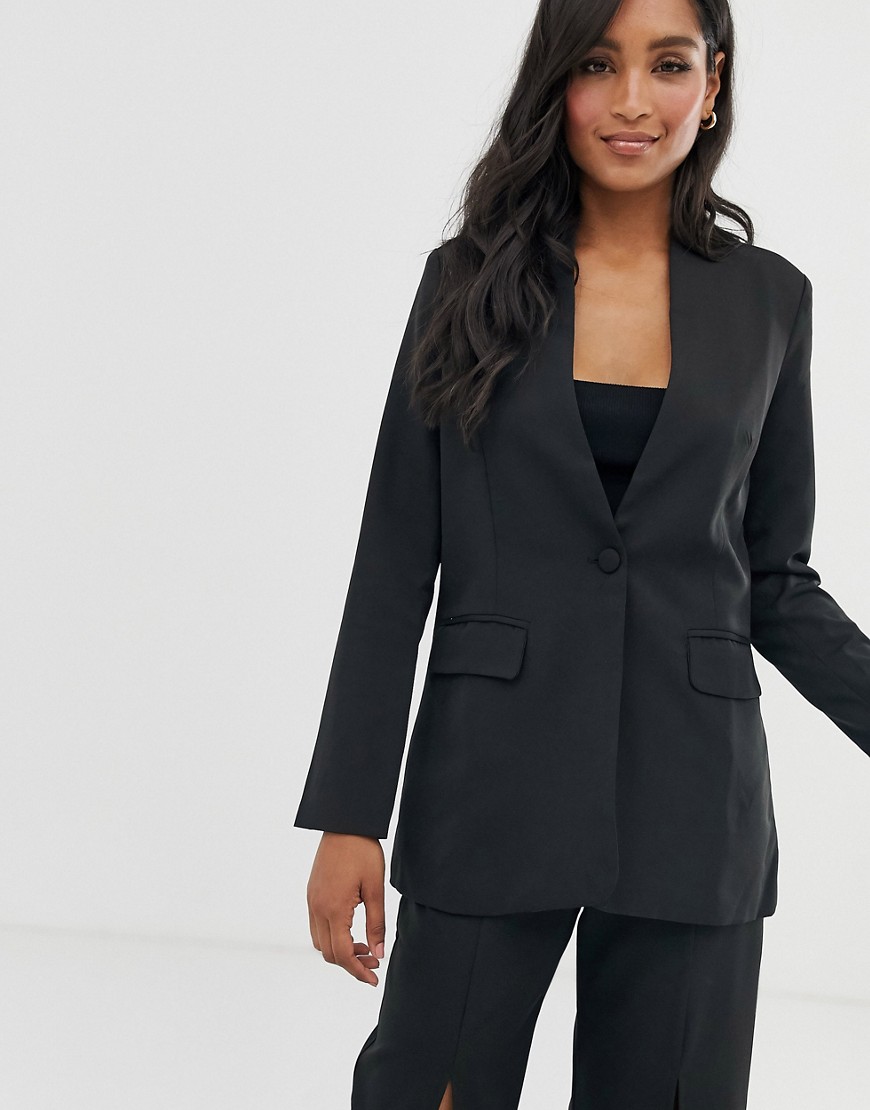 Amy Lynn collarless suit jacket-Black