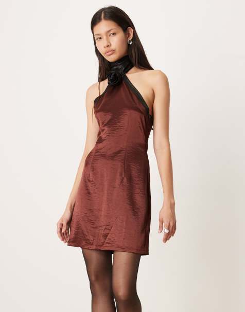 Amy Lynn contrast halter neck satin mini dress in brown and black - view 1