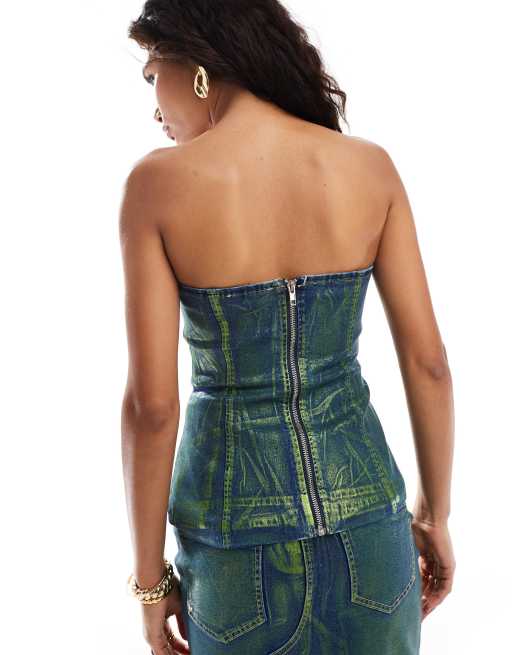 Amy Lynn - Coordinato in denim verde laminato con top e gonna midi