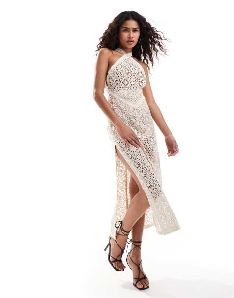 Amy Lynn crochet halter midaxi dress with cut out back detail in natural - view 1