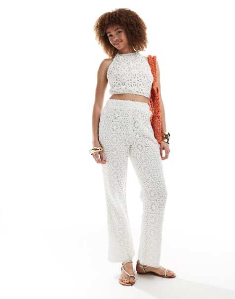 Amy Lynn crochet straight leg pants in white (part of a set) - view 1
