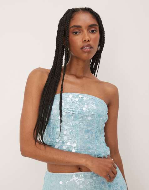Amy Lynn - Crop top bandeau à sequins ronds - Bleu aqua - view 1