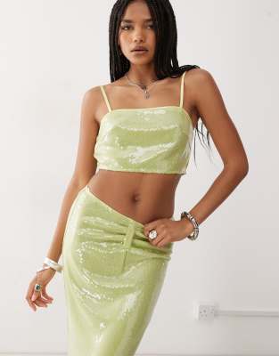 Crop top d'ensemble à sequins avec fines bretelles et encolure carrée - Citron vert 36