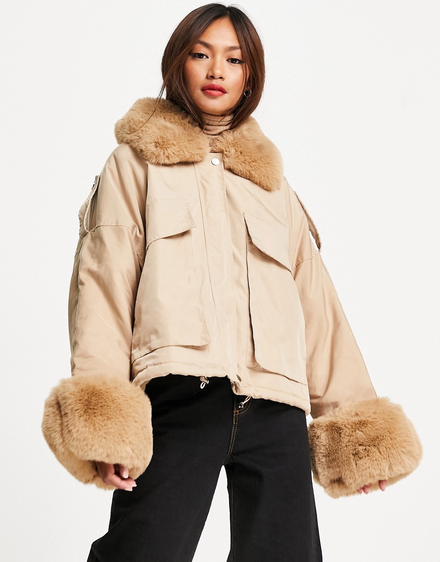 Amy Lynn cropped jacket with faux fur collar and cuffs in beige-Brown