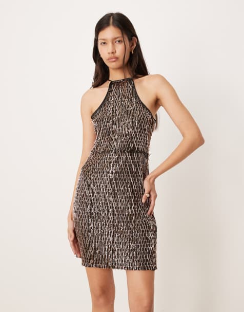 Amy Lynn curled sequin cut away mini dress in black and gold - view 1