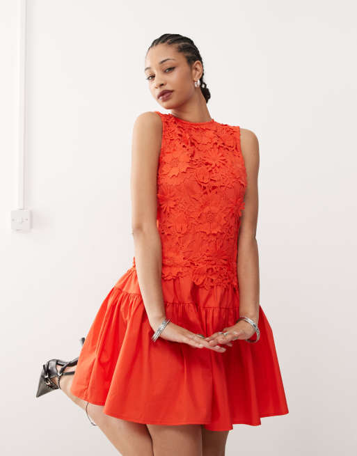 Amy Lynn cutwork lace mini dress in red