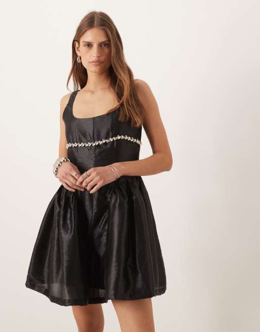 Amy Lynn diamante babydoll mini dress with hip seam detail in black, 3 of 4