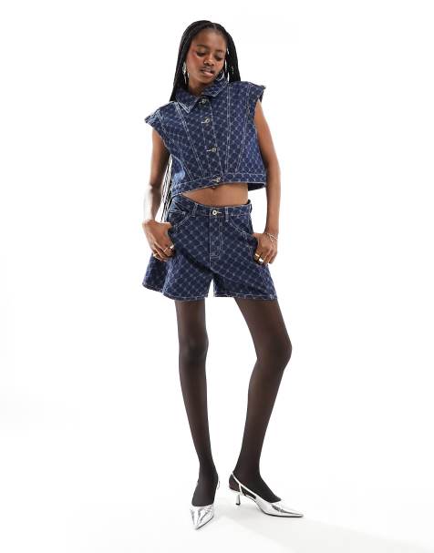 Amy Lynn diamond pattern denim jort in dark wash - part of a set - view 1