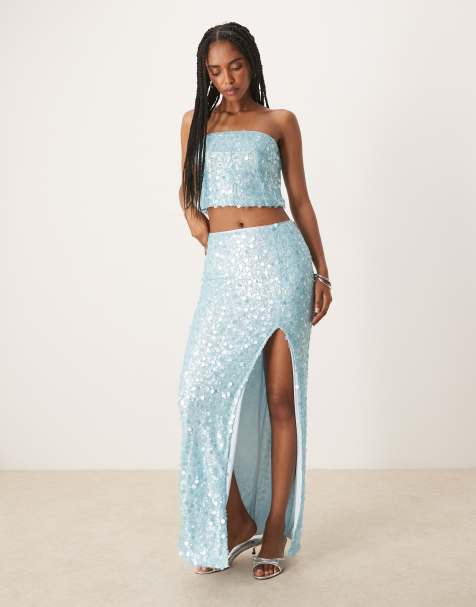 Amy Lynn disc sequin cropped bandeau top and maxi skirt set in aqua blue - view 1