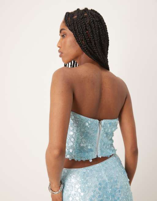 Amy Lynn disc sequin cropped bandeau top co-ord in aqua blue