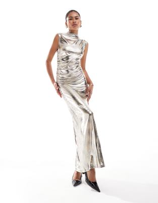 draped ruched lame maxi dress in metallic silver snake