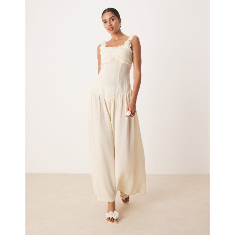 Amy Lynn drop hem maxi dress with 3d floral straps in cream