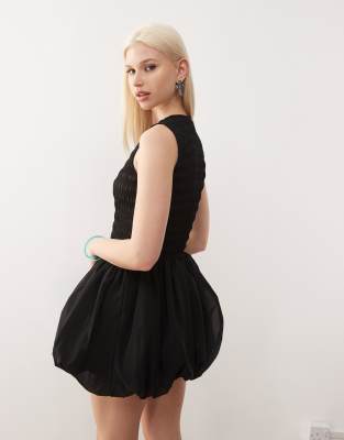 Amy Lynn Elenor Shirred Short Sleeve Puffball Ultra Mini Dress In Black