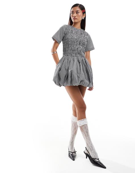 Amy Lynn Elenor shirred short sleeve puffball ultra mini dress in black and white gingham - view 1
