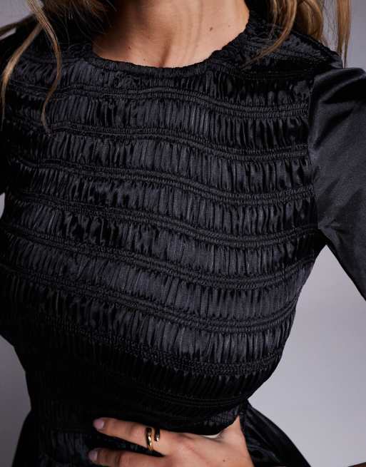 Amy Lynn Elenor shirred short sleeve puffball ultra mini dress in black satin 