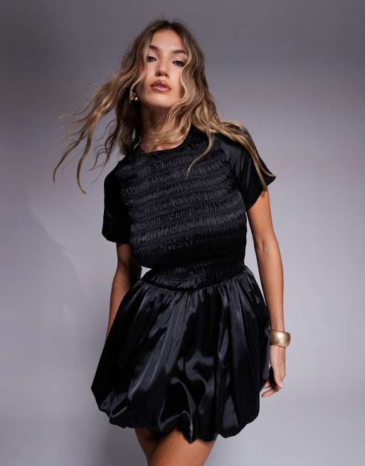 Amy Lynn Elenor shirred short sleeve puffball ultra mini dress in black satin 