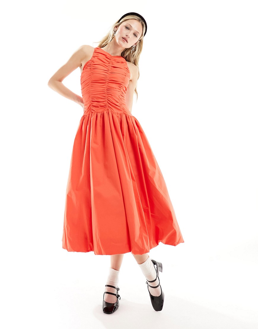Elodie utility ruffle midi dress with puffball skirt in blood orange
