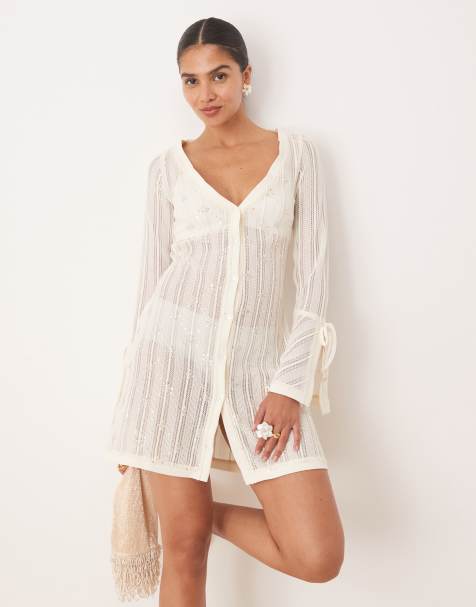 Amy Lynn embellished knit button through mini dress in cream - view 1