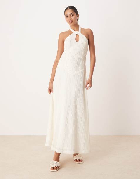 Amy Lynn embellished knit halter maxi dress with drop hem in cream - view 1