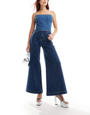 embellished wide leg jeans in dark wash-Blue