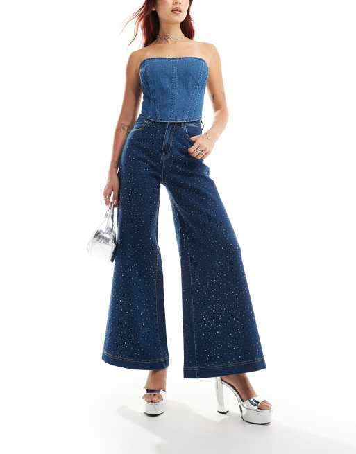 Amy Lynn embellished wide leg jeans in dark wash